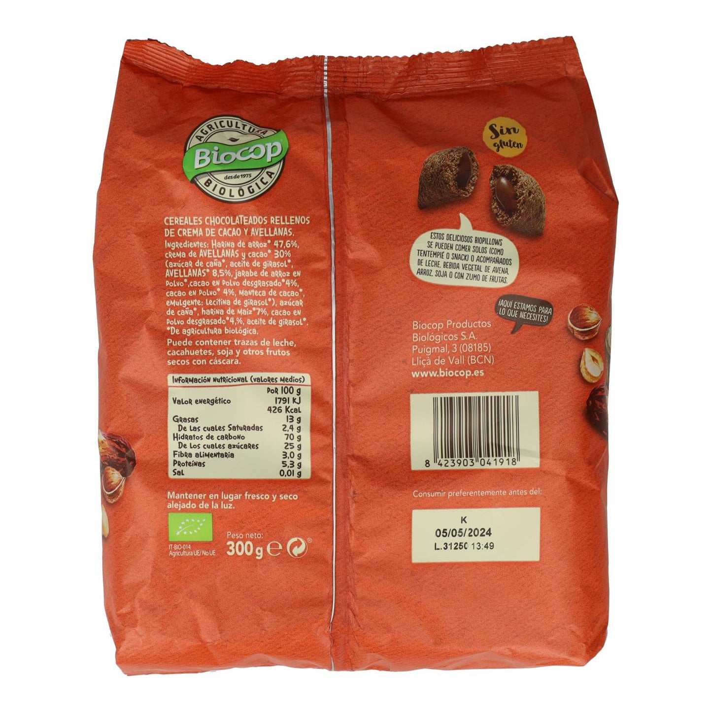 Biopillows Chocolate e Avelã Biocop, 375 g