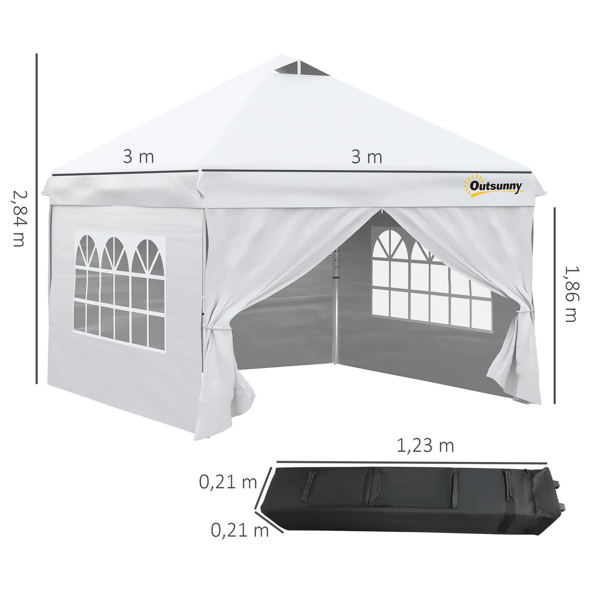 Outsunny Cenador De Jardín 3x3m Con Altura Ajustable 4 Paredes Extraíbles Blanco_2