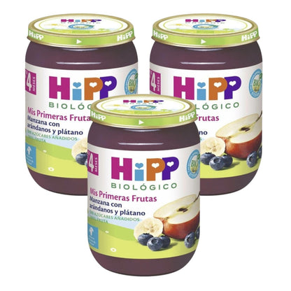 Embalagem x 3 Pote de maçã biológica, morango, banana e framboesa +4 meses HiPP 125g