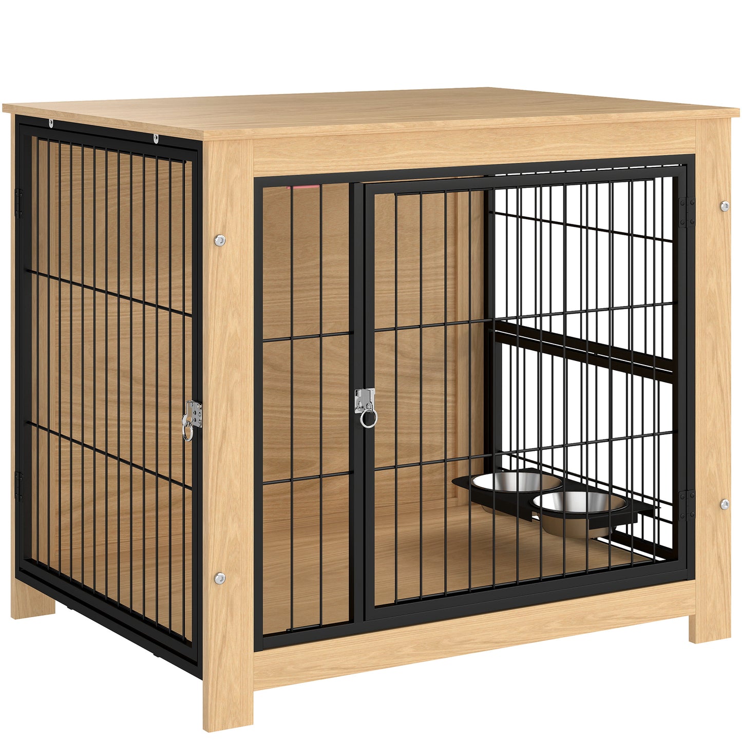 Pawhut Jaula Para Perros Mesa Auxiliar Con Soporte Giratorio Con 2 Tazones Roble_0