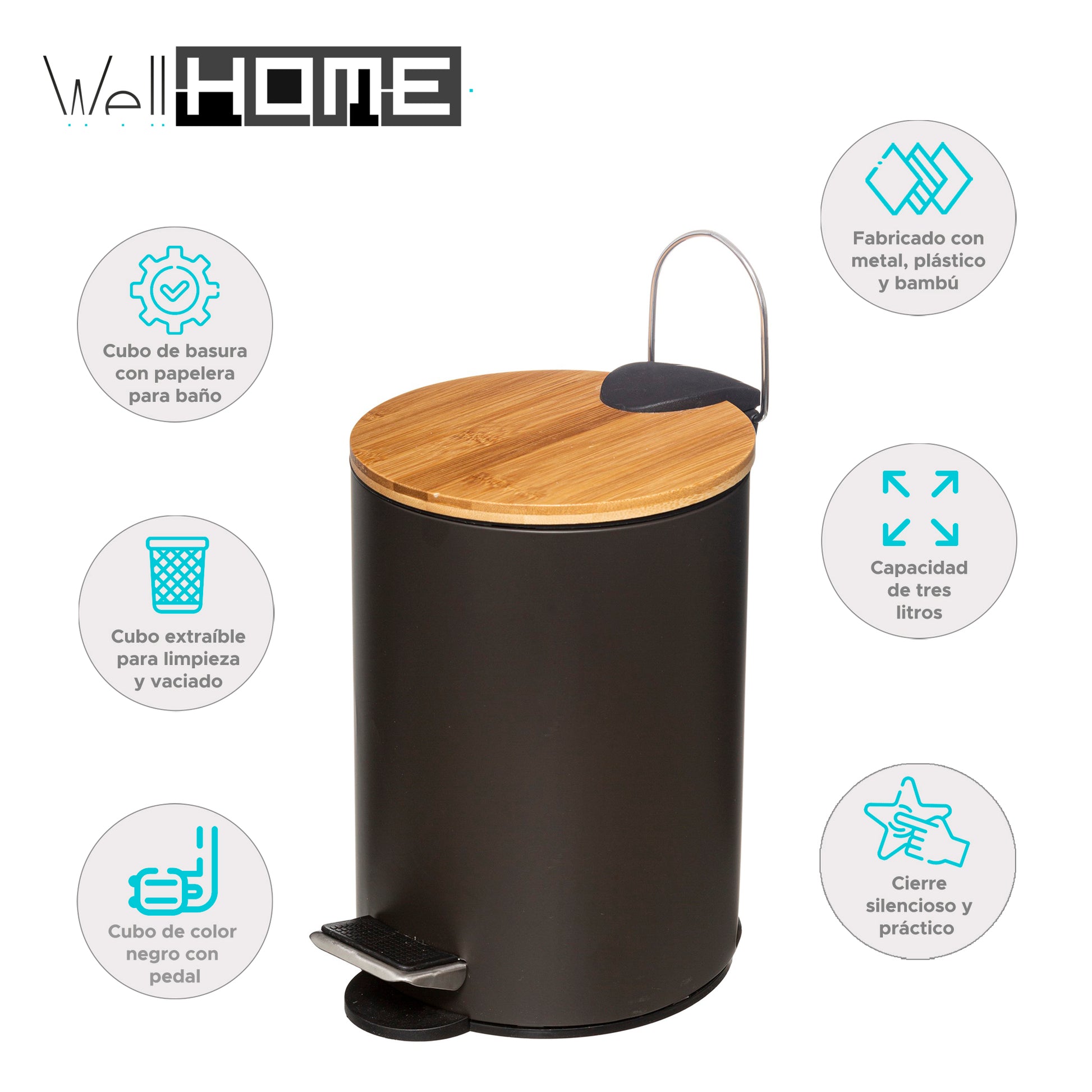 Wellhome Cubo Pedal 3l Tapa Bambú Moderno Negro_1