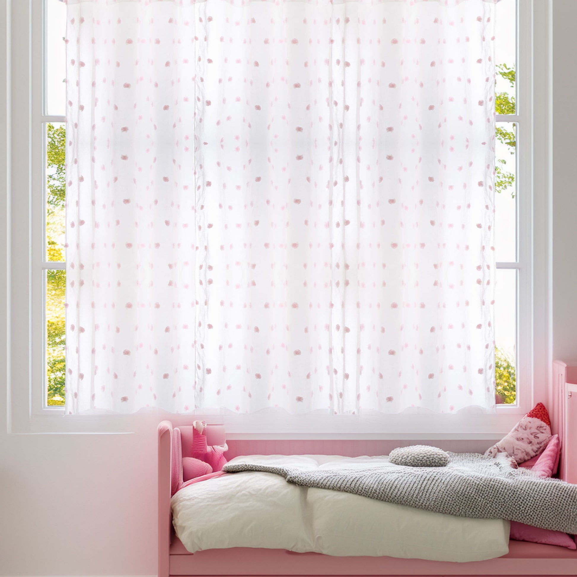 Wellhome Cortina Infantil Pompones Blanca Y Rosa_3
