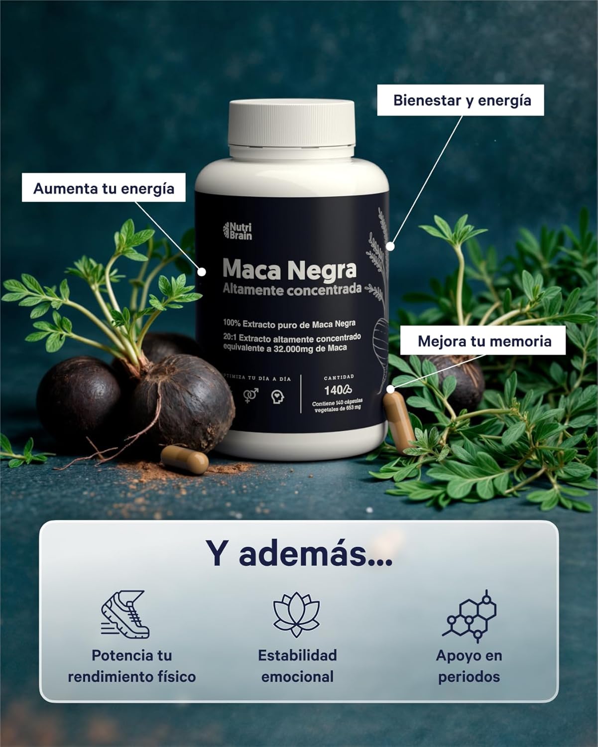 Maca Negra Andina Ultraconcentrada 20:1 32000mg Nutribrain 140 Cápsulas_3