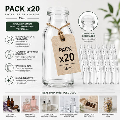 Pack de 20 Botellas de Cristal Transparente de 15 ml | Tapón Obturador | Viales Rellenables y Reutilizables_2