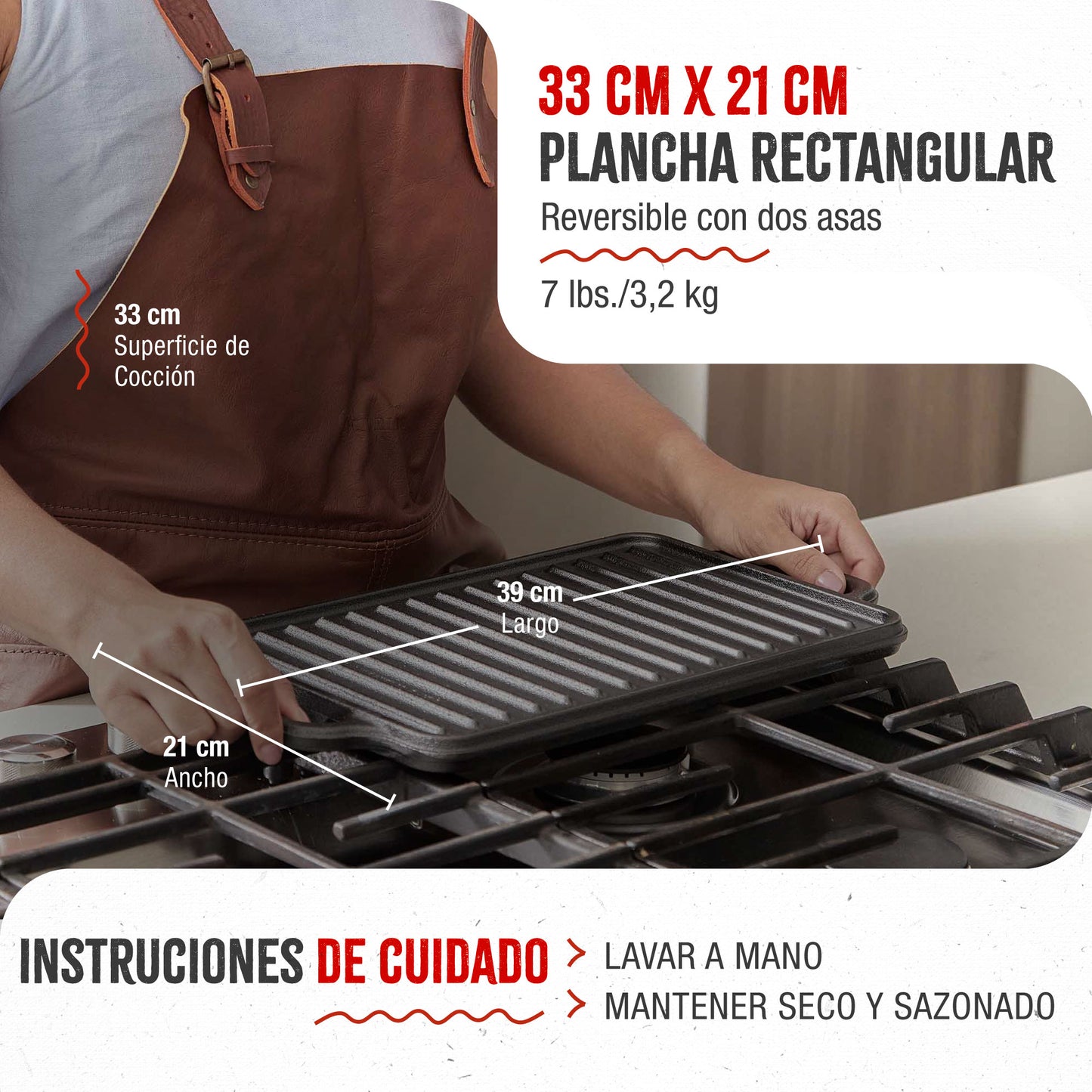 Victoria Plancha Cocina Hierro Fundido Curado Parrilla Reversible 33x21cm Para Fuego Barbacoa Sin Ptfe, 36058, Negro_4