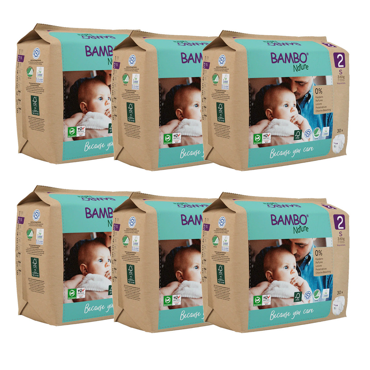 Embalagem de 6 fraldas Bambo Nature T2 (3-6 kg) 30 unidades