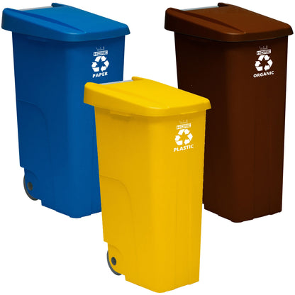 Pack Reciclaje 3 Contenedores - Cubo De Basura Wellhome Reciclo 110l Cerrado C/u: Azul (papel Y Cartón) - Marrón (orgánico) - Amarillo (plásticos)_0