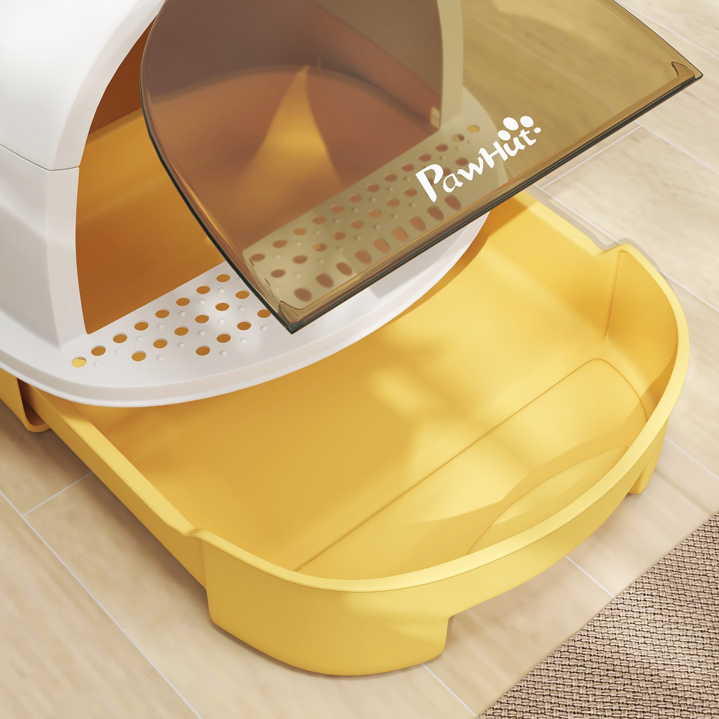 Pawhut Arenero Para Gatos Cubierto Con Bandeja Pala Y Asa Amarillo Y Blanco_3