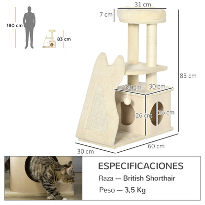 Pawhut Árbol Rascador Para Gatos Altura 83 Cm Con Cama Cueva Bola Colgante Rampa_2