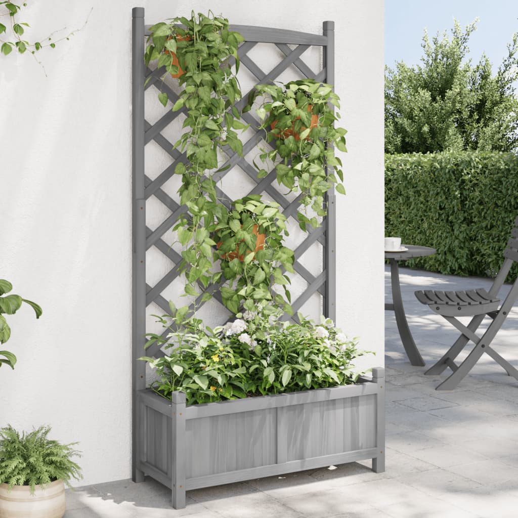 Jardinera Con Enrejado Gris 75x35x150 Cm Madera Maciza De Abeto_1