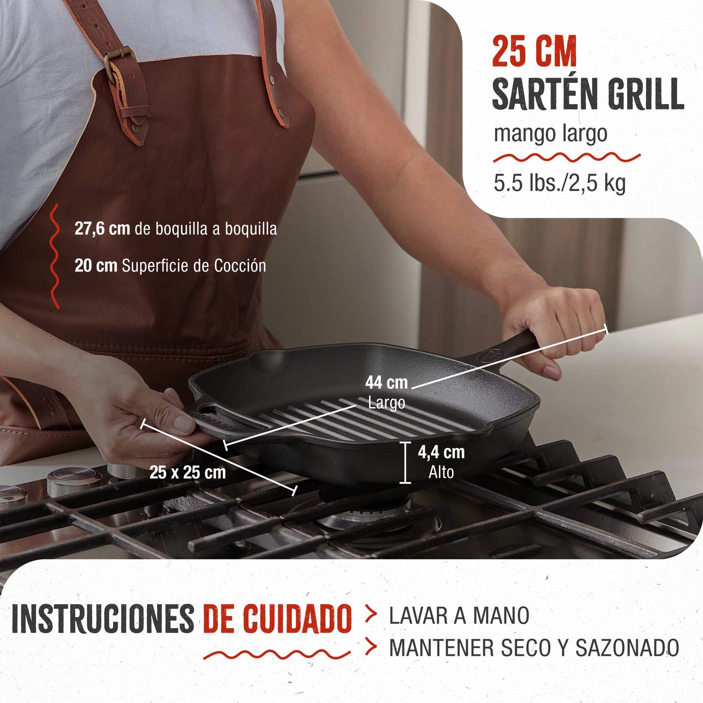 Victoria Sartén Grill Hierro Fundido Curado Inducción 25x25cm, Apta Fuego, Barbacoa, Cast Iron Skillet, 38571, Negro_4