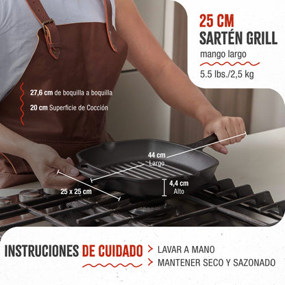 Victoria Sartén Grill Hierro Fundido Curado Inducción 25x25cm, Apta Fuego, Barbacoa, Cast Iron Skillet, 38571, Negro_4