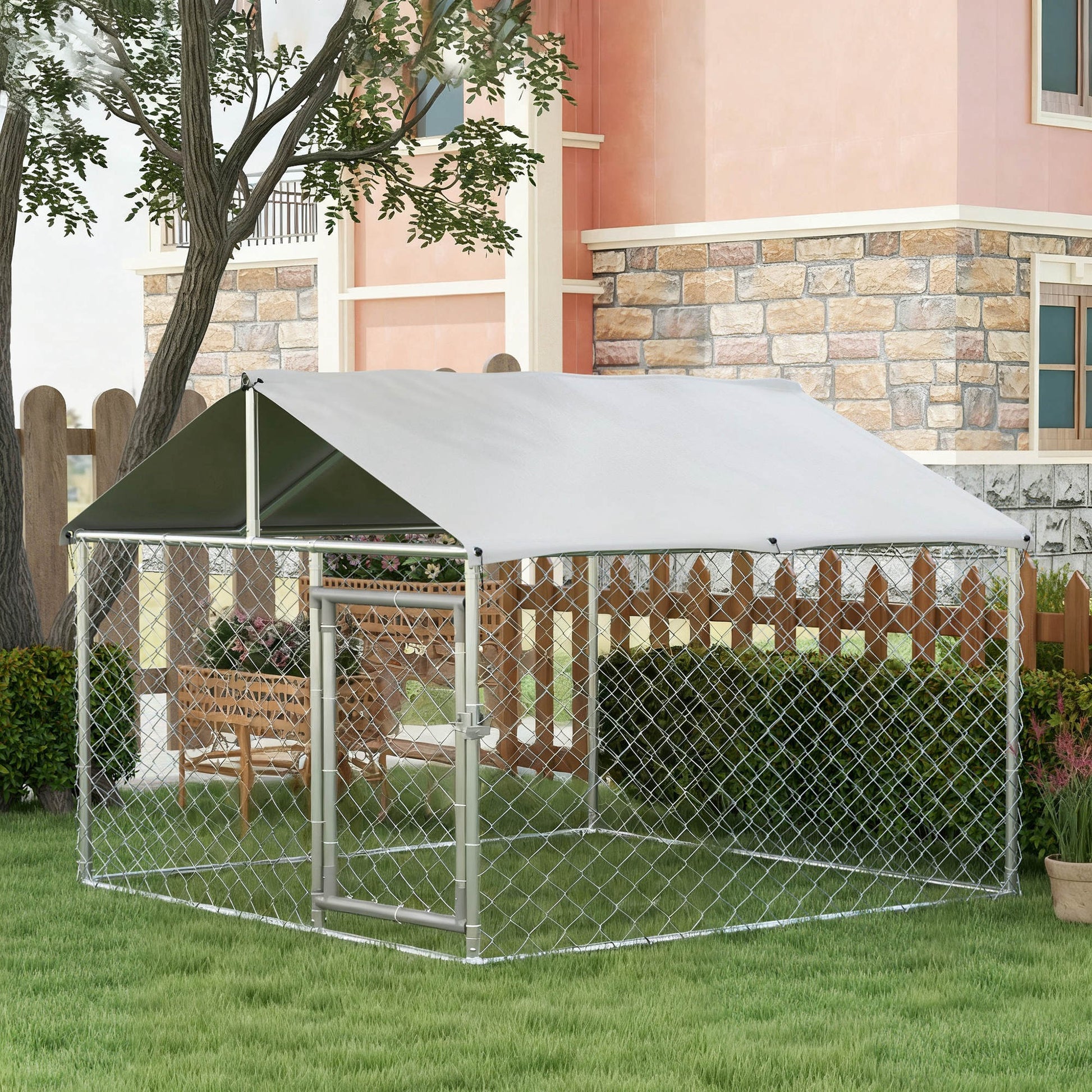 Pawhut Perrera De Acero Con Toldo Impermeable Y Anti-uv 200x200x150 Cm Plata_1