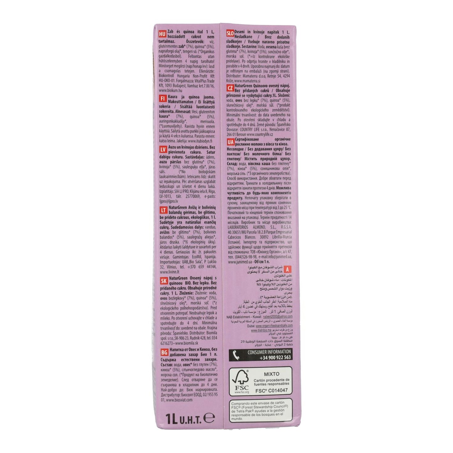 Embalagem de 6 bebidas orgânicas de aveia e quinoa sem glúten NaturGreen, 1 litro