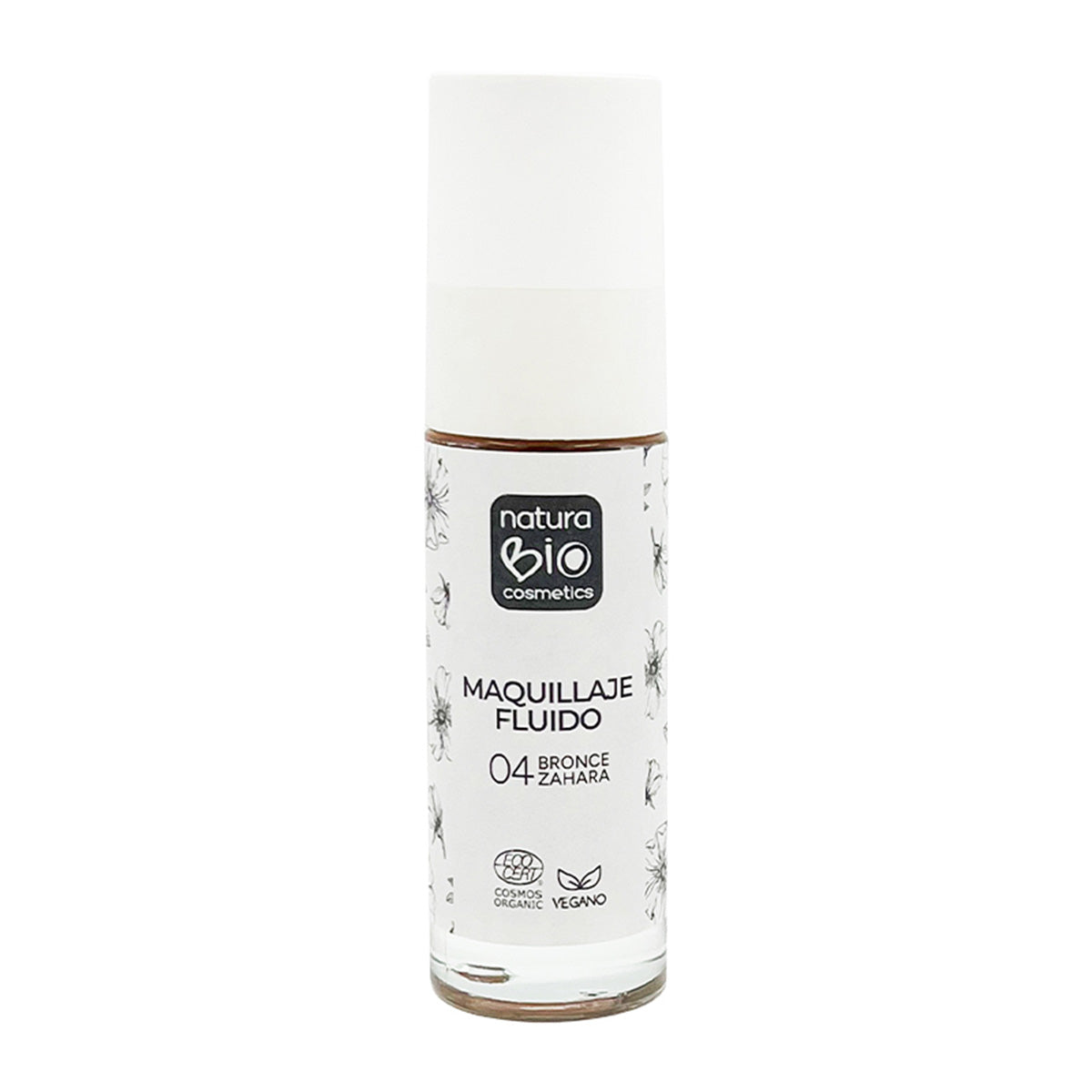 Fluid Makeup 04 Bronze Zahara, Acabamento impecável, Com Rosa Mosqueta e Manteiga de Karité, NaturaBio Cosmetics, 30ml