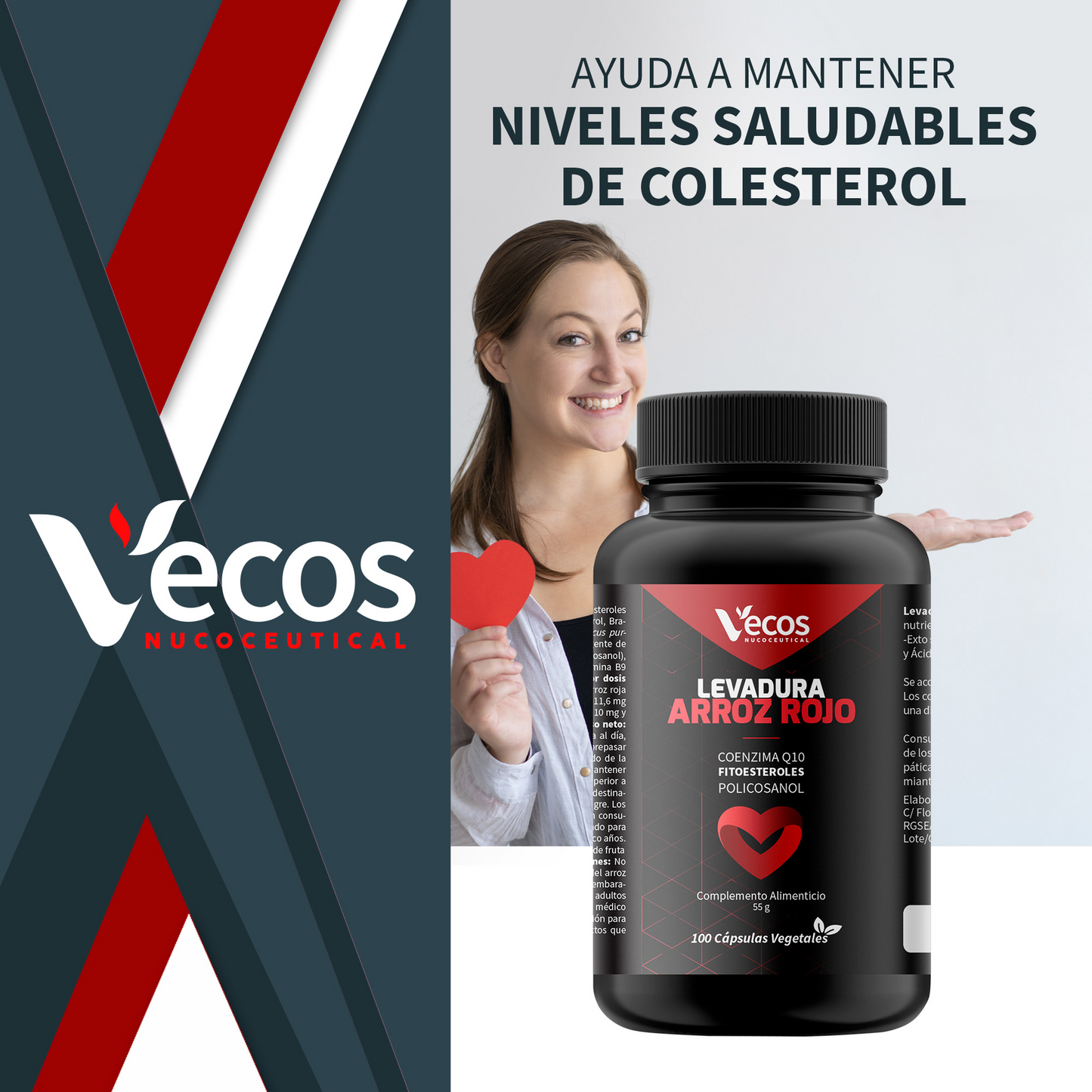 Levadura de Arroz Rojo + Q10 VECOS 100 cápsulas | Control de Colesterol y de Corazón | Con Fitoesteroles y Policosanol_1