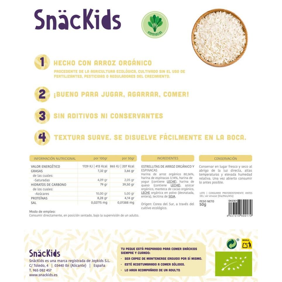 Snack orgânico para bebé +12 meses: Stars Rice and Spinach
