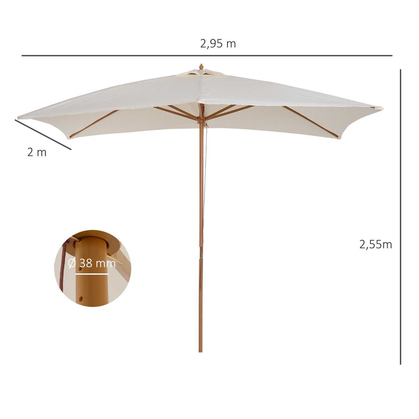Outsunny Sombrilla Jardín 295x200cm Con Mástil De Madera Y Polea Crema_2