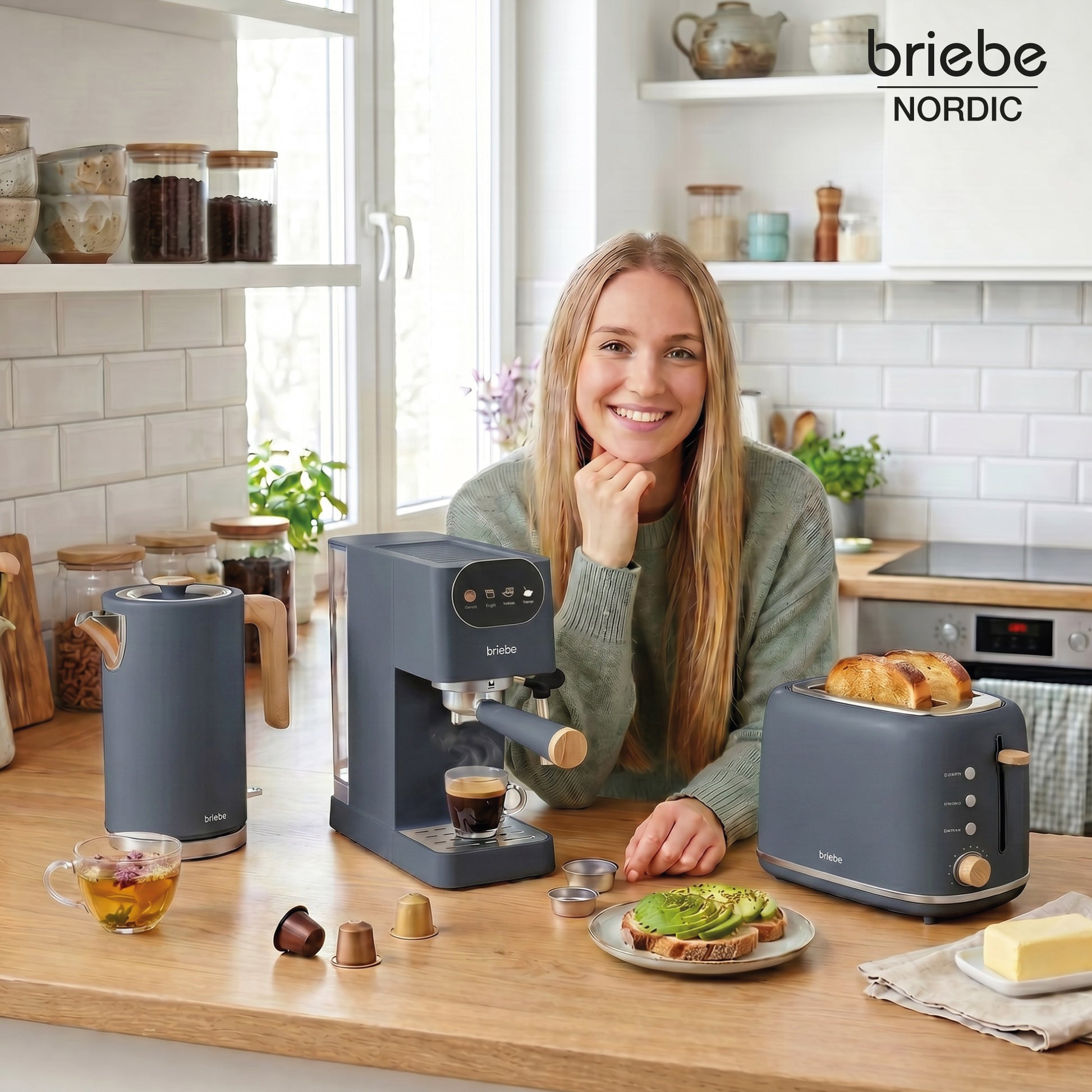 Briebe Nordic Set Cafetera Espresso 20 Bares, Tostadora Pan 2 Rebanadas, Hervidor Eléctrico Agua 1,7l, Skt1209gry, Gris_1