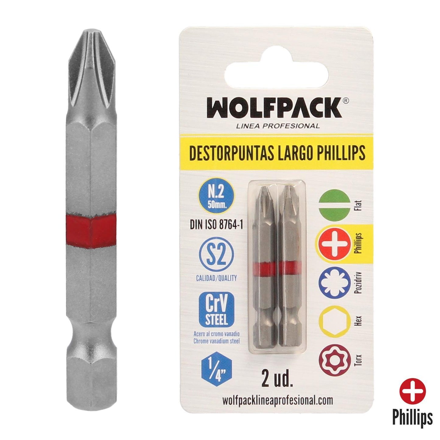 Puntas Largas Destornillador Phillips Nº 2 (2 Piezas). Acero S2 Al Cromo Vanadio. Puntas Hexagonales, Destorpuntas,
