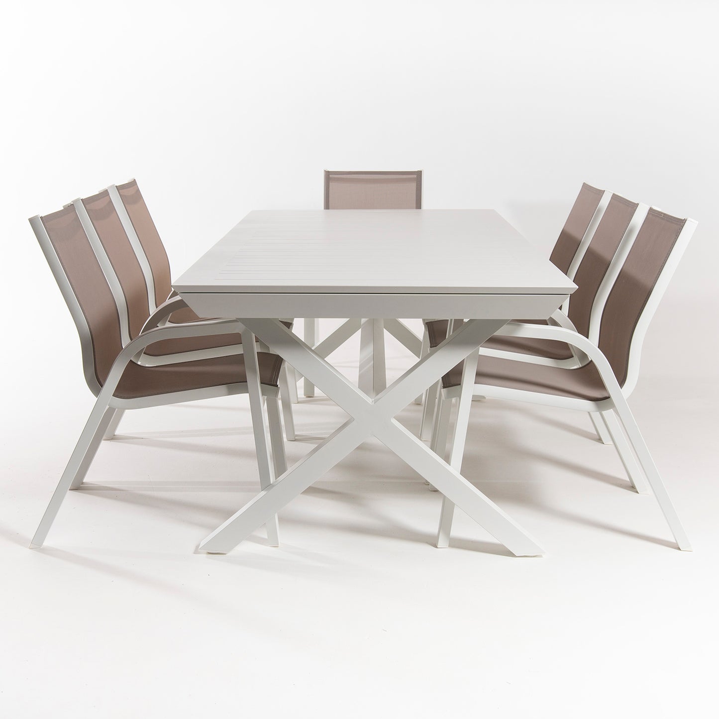 Conjunto Jardin, Mesa Extensible 215/295 Y 8 Sillones Apilables, Aluminio Blanco, Textilene Taupé , 8 Plazas_3