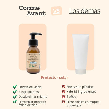 Protector solar mineral líquido SPF50 con aceite de karanja Vainilla Comme Avant 105 ml
