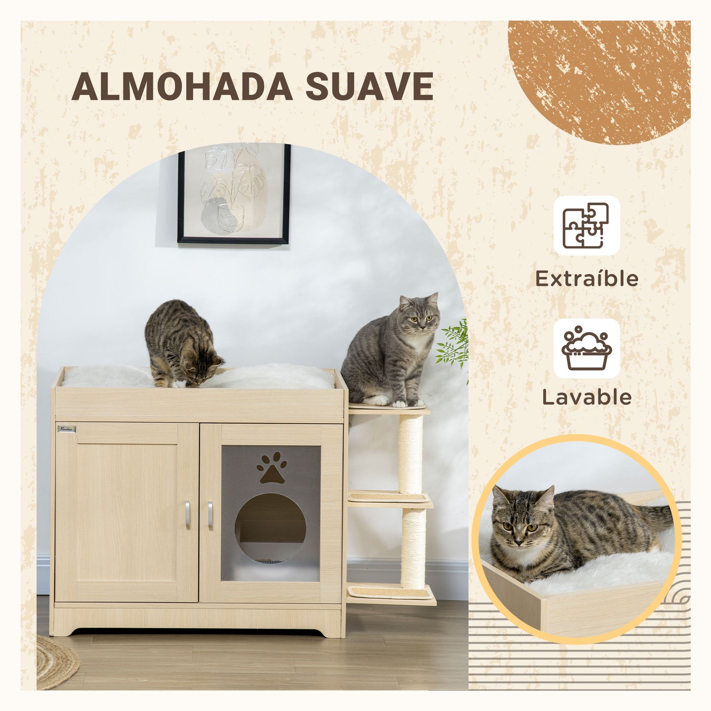 Pawhut Arenero Para Gatos De Madera Con 2 Puertas Cama Cojín Suave 107x54x70 Cm_5