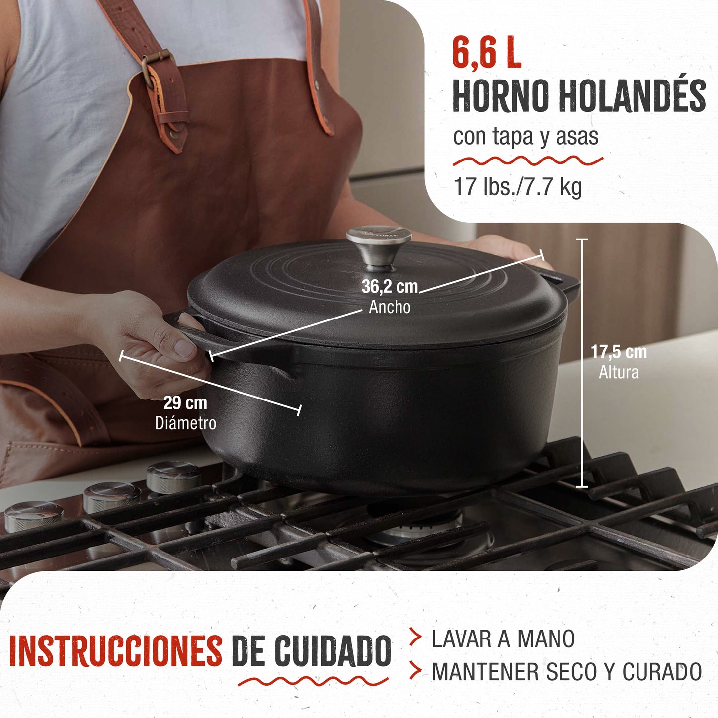 Victoria Horno Holandés Olla Inducción Hierro Fundido Curado 29cm, Cocotte 6,6l, Sin Ptfe Ni Pfoa, 35709, Negro_4