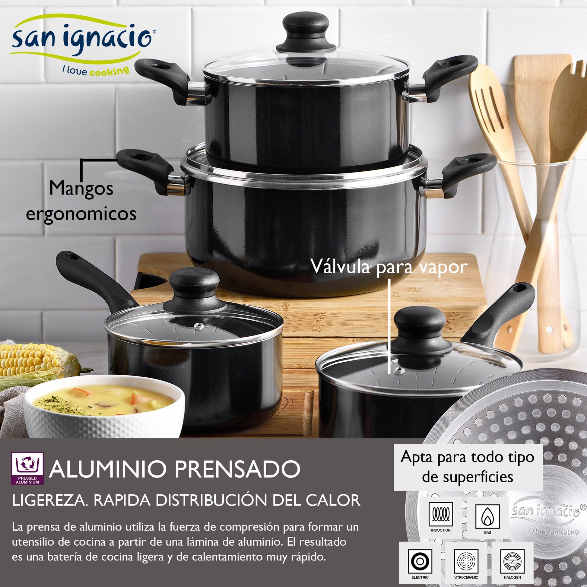 Juego De Batería De Cocina En Aluminio Prensado + Set De 3pc De Utensilios De Cocina Bamboo_1