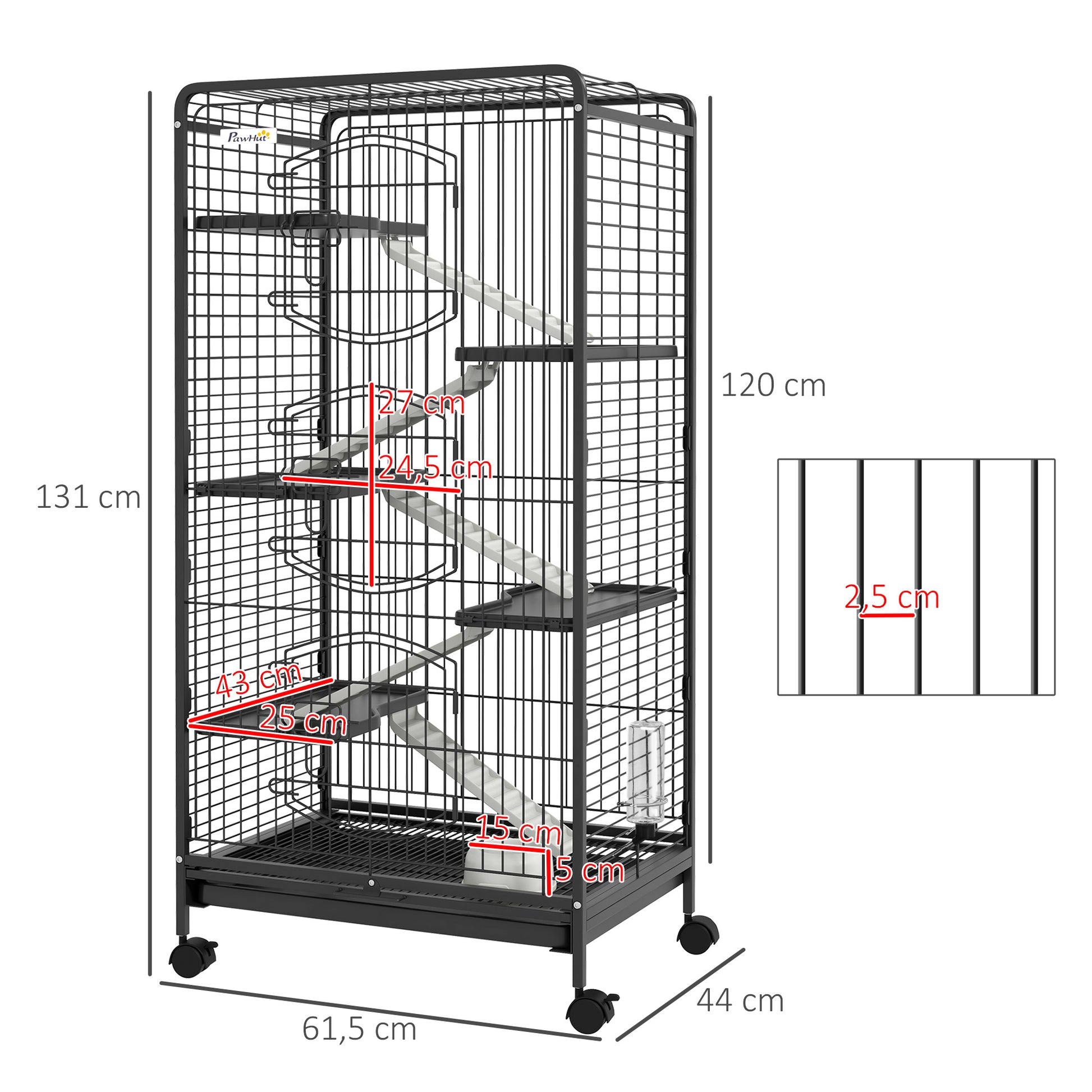 Pawhut Jaula Para Animales Pequeños De 6 Niveles Con Ruedas 61,5x44x131 Cm Negro_2