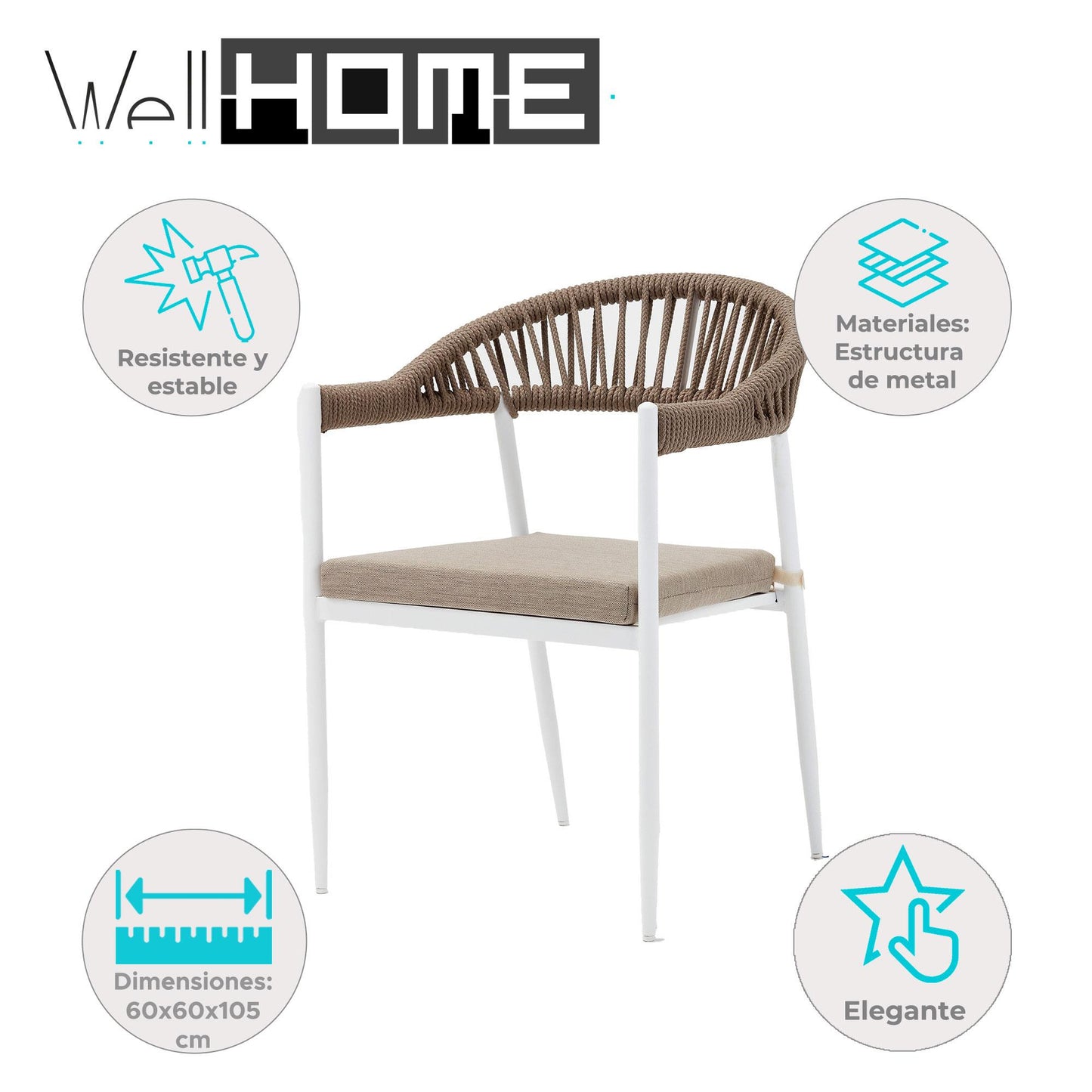Silla De Exterior Adel Blanca Moka - Aluminio Inoxidable Con Cuerda Trenzada 60x80x105cm - Well Home_1