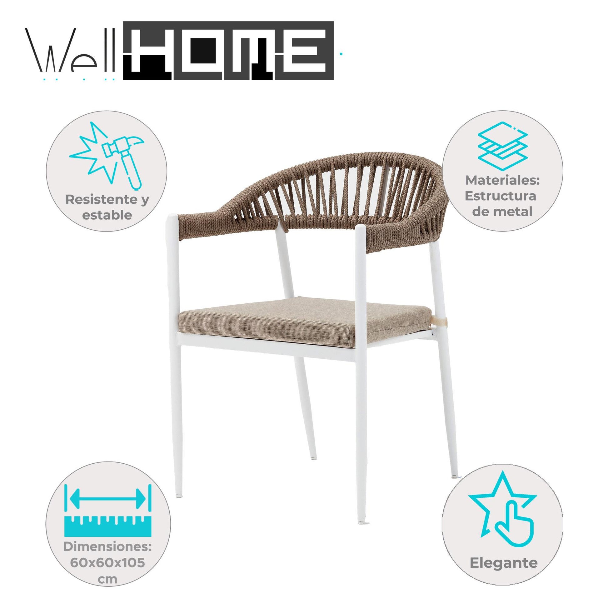 Silla De Exterior Adel Blanca Moka - Aluminio Inoxidable Con Cuerda Trenzada 60x80x105cm - Well Home_1