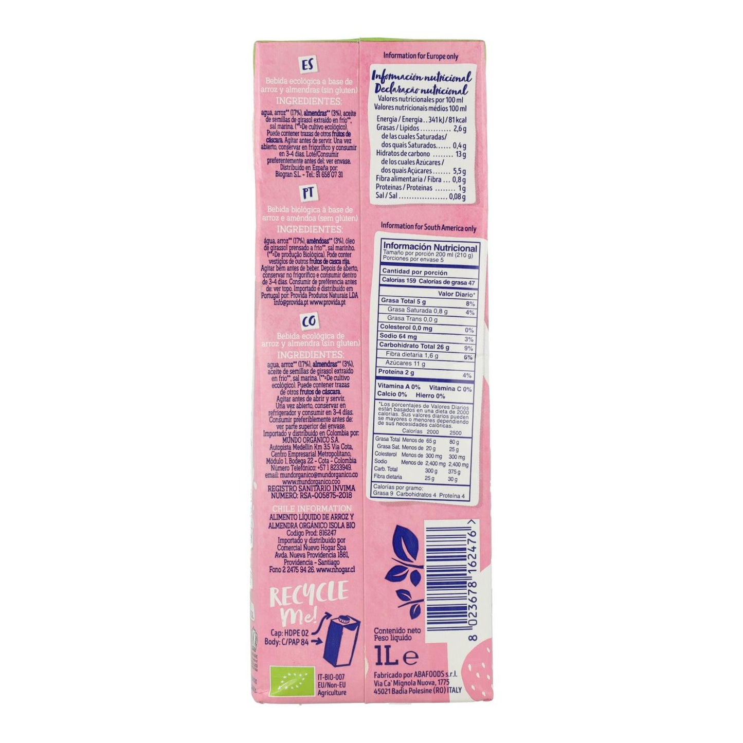 Pack de 6 Bebidas Orgânicas de Arroz e Amêndoa Isola 1 L