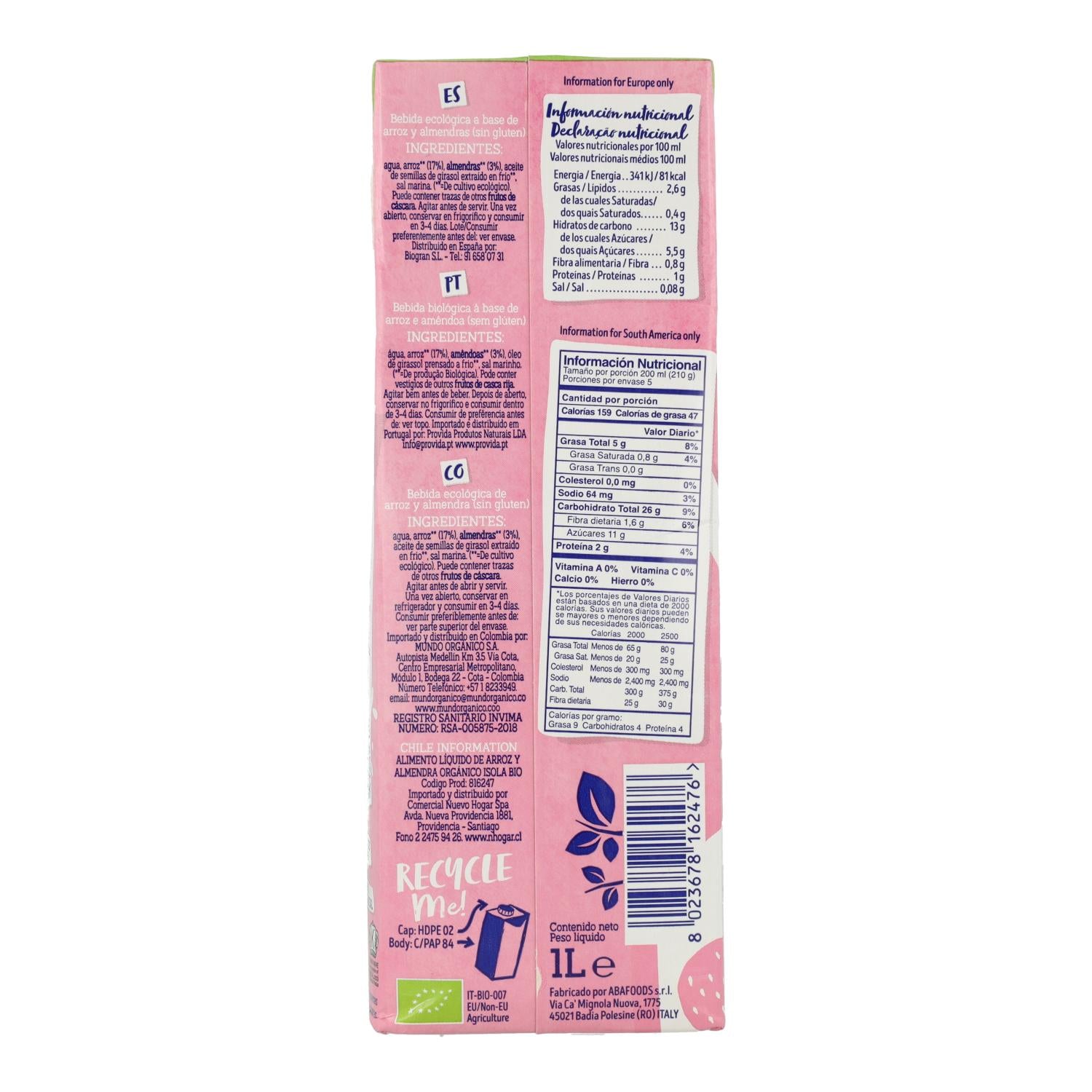 Pack de 6 Bebidas Orgânicas de Arroz e Amêndoa Isola 1 L