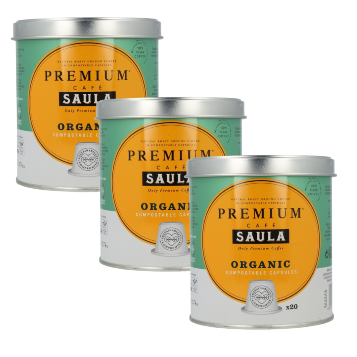 Embalagem x 3 Cápsulas Compostáveis ​​​​Orgânicas Saula Premium 20 unidades