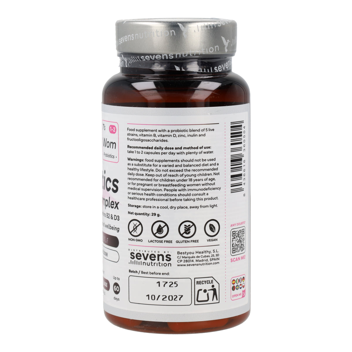 Probióticos Flora Íntima Mujer con Inulina FOS Zinc y Vitaminas B2 y D3 Sevens Nutrition 60 cápsulas