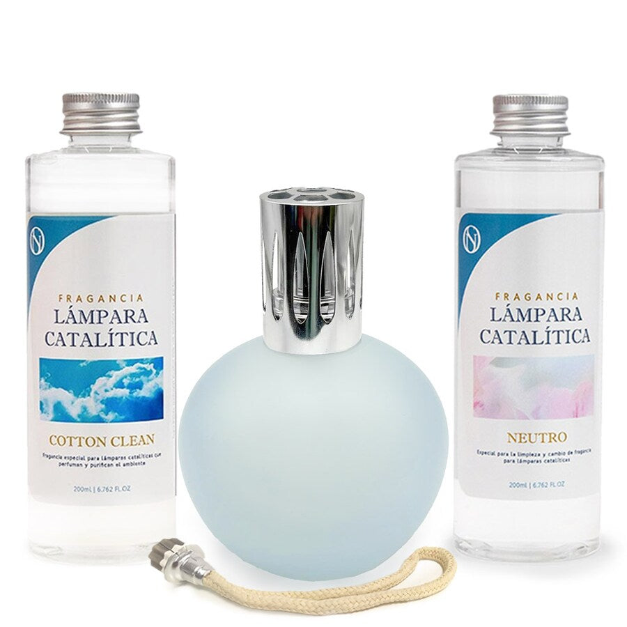 Pack Lámpara Catalítica Azul Grisáceo Mate + Fragancia Cotton Clean 500ml + Limpiador Neutro 200ml + Mecha Repuesto_0