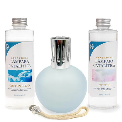 Pack Lámpara Catalítica Azul Grisáceo Mate + Fragancia Cotton Clean 500ml + Limpiador Neutro 200ml + Mecha Repuesto_0