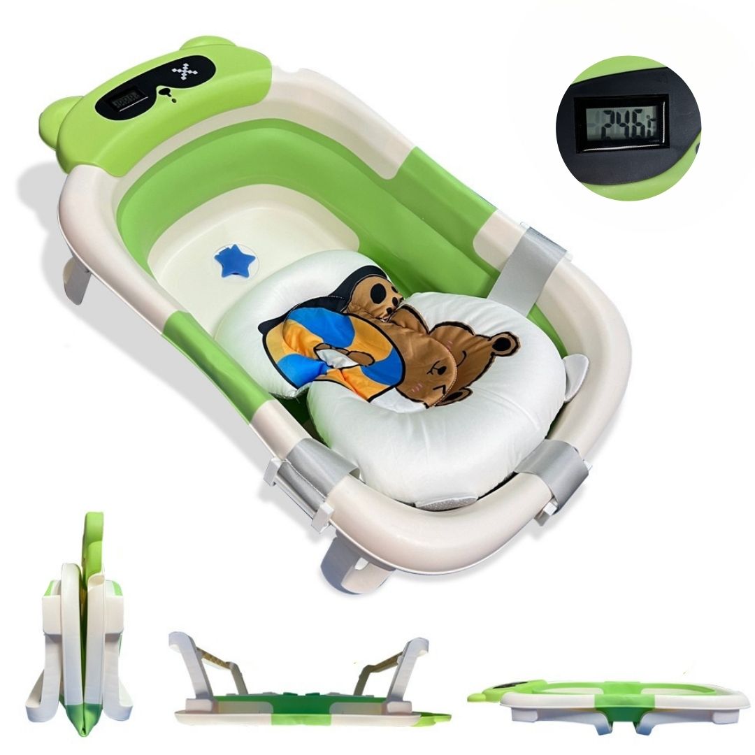 Bañera Plegable Para Bebés, Cojín Oso, Termómetro, Patas Antideslizantes (verde Oso) Bathby_0