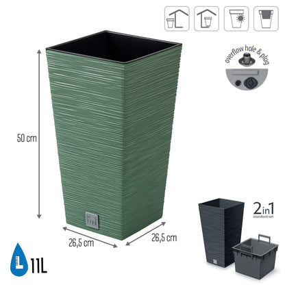 Macetero Color Verde Tierra, Con Depósito, Colección Furu, De 26,5 X 26,5 X 50 Cm, Capacidad De 11 L.