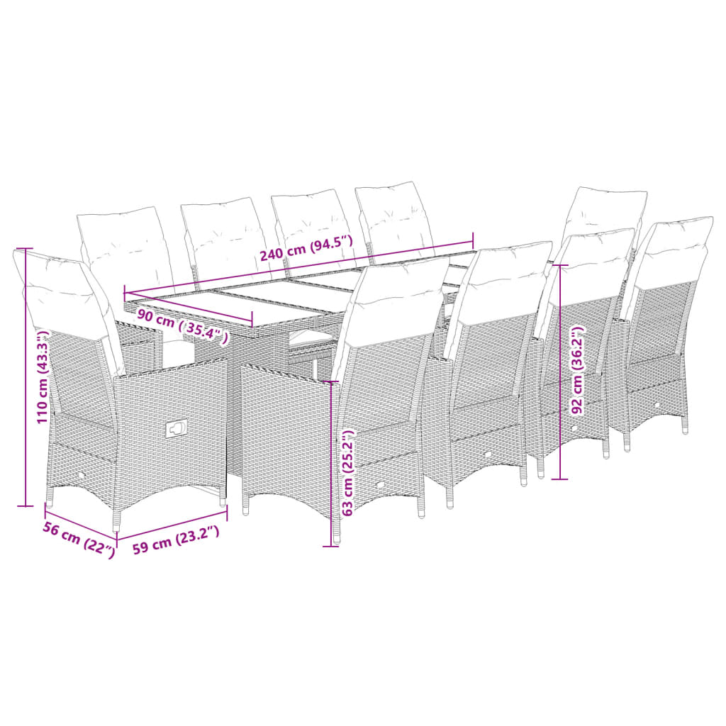 Set De Mesa Y Sillas De Jardín 11 Pzas Y Cojines Ratán Pe Gris / Vetonek_2
