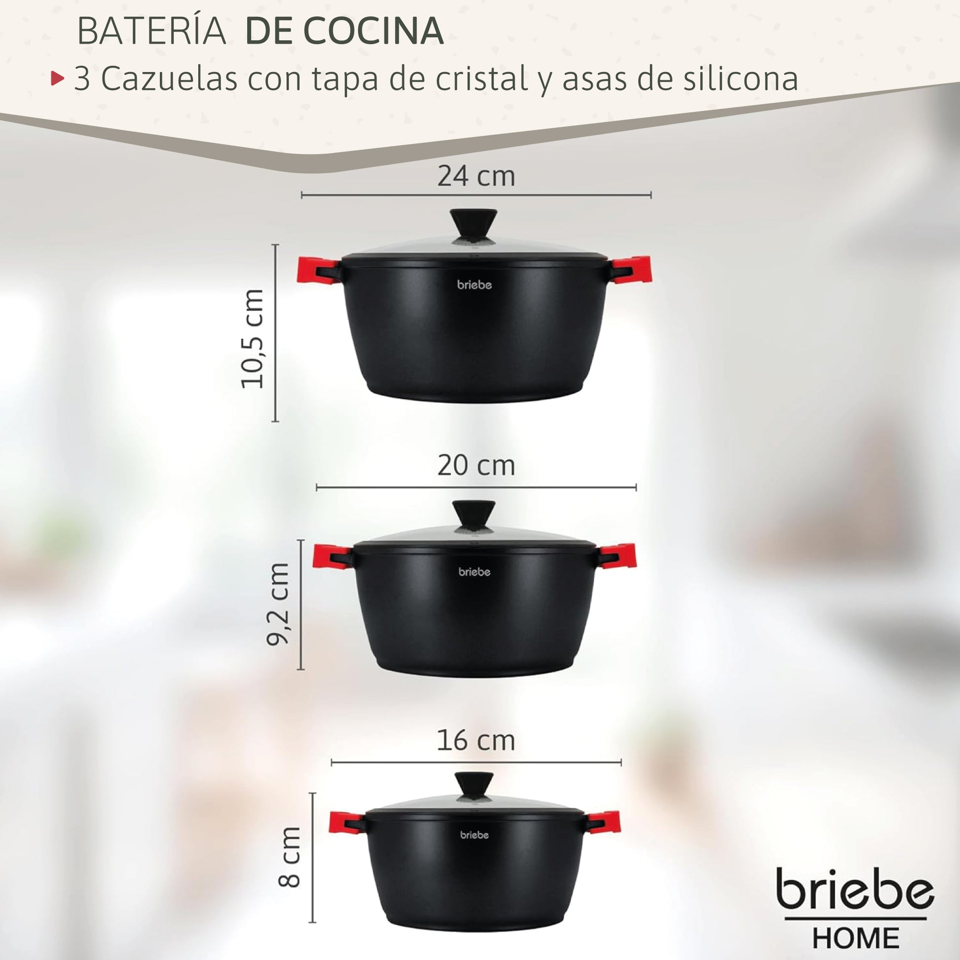 Briebe Batería Cocina Inducción Antiadherente Titanio, 6 Piezas Aluminio Fundido 3 Ollas Sin Pfoa Tapa, Blackt3, Negro_2