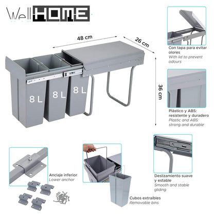 Cubo De Reciclaje 3x8l Bajo Fregadero, Extracción Manual Y Tapa_1