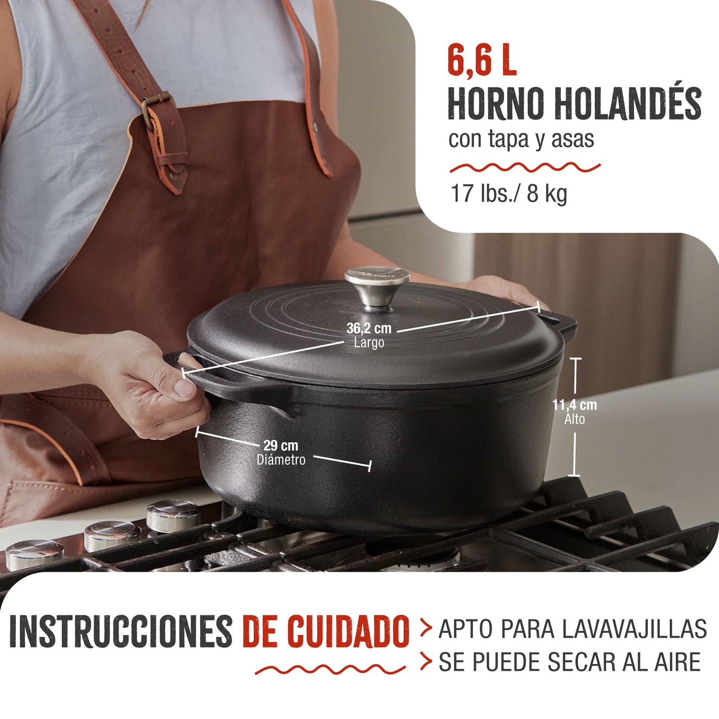 Victoria Horno Holandés Olla Inducción Hierro Fundido Esmaltado 29cm, Cocotte 6,6l, Sin Ptfe Ni Pfoa, 39493, Negro_4