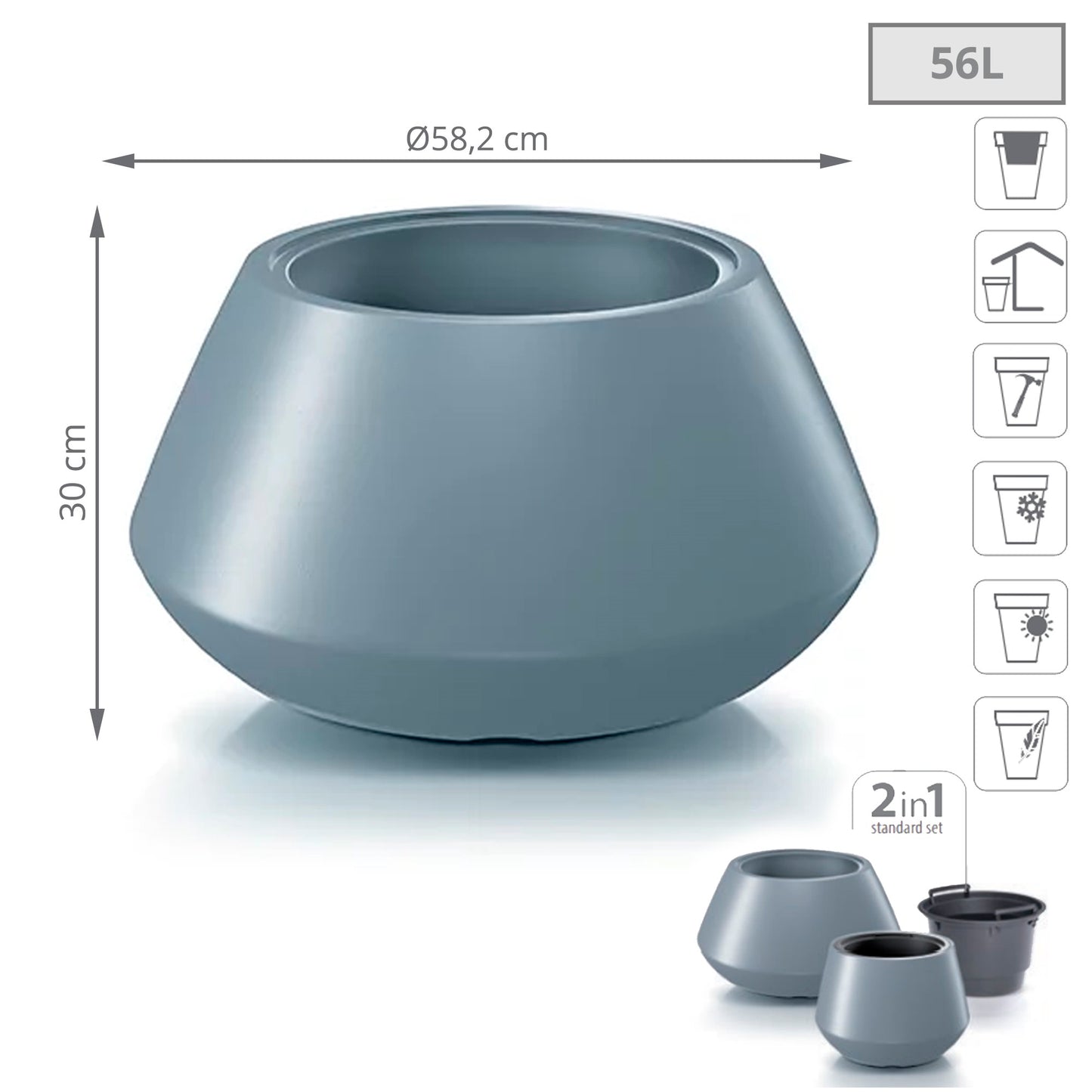 Maceta Heos 56l., Con Depósito, Dimensiones (mm) 582x582x300, Color Gris Claro_2