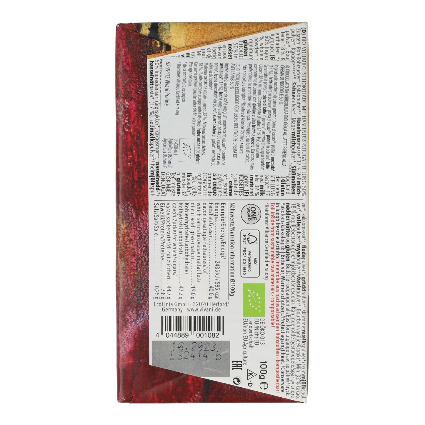 Chocolate de Leite Orgânico Vivani com Praliné 100g