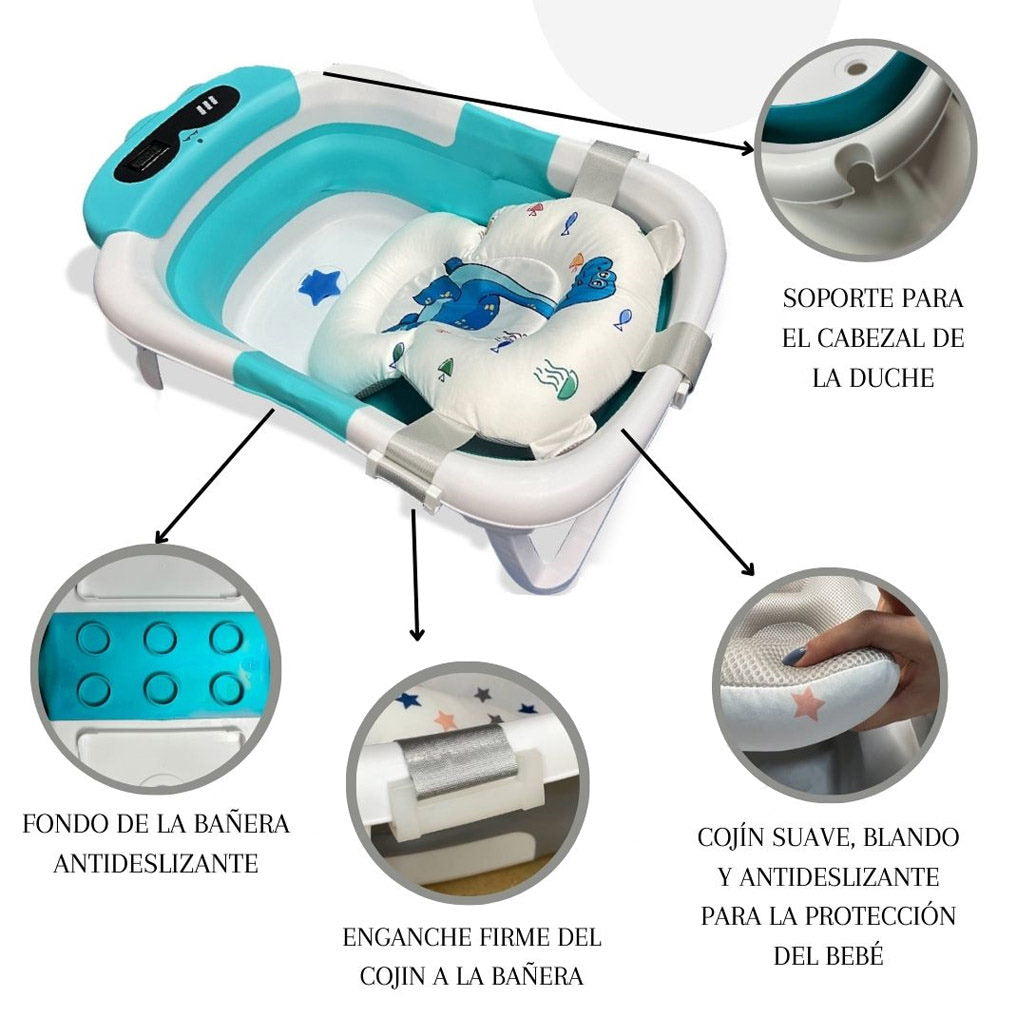 Bathby Bañera Plegable Para Bebés Recién Nacidos, Cojín Dinosaurio, Termómetro, Patas Antideslizantes (azul Dinosaurio)