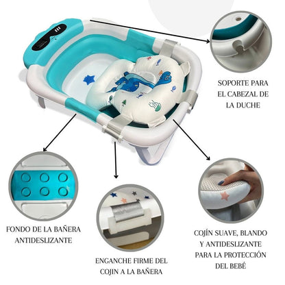 Bathby Bañera Plegable Para Bebés Recién Nacidos, Cojín Dinosaurio, Termómetro, Patas Antideslizantes (azul Dinosaurio)_4
