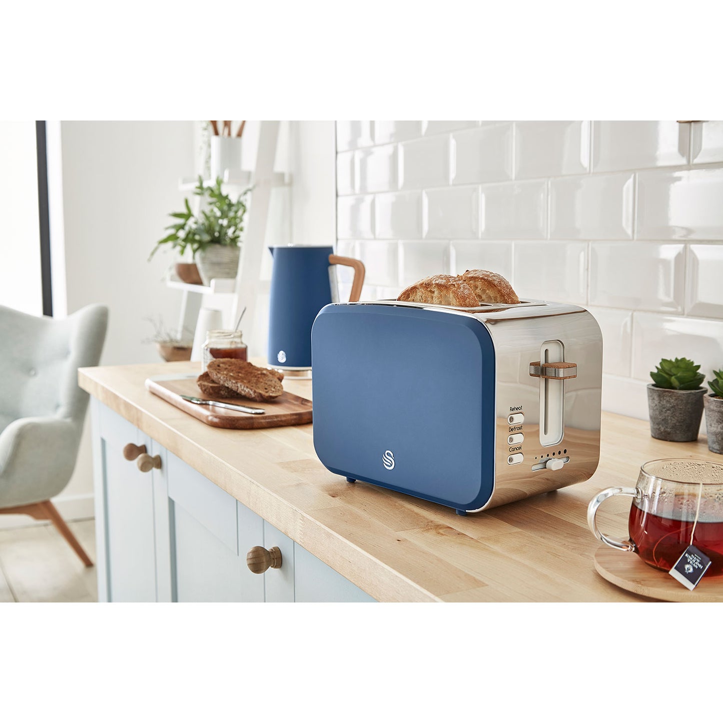 Swan Nordic Tostadora Pan Ranura Ancha 2 Rebanadas, 3 Funciones, 6 Niveles, Diseño Moderno, St14610bluneu, Azul 900w_1