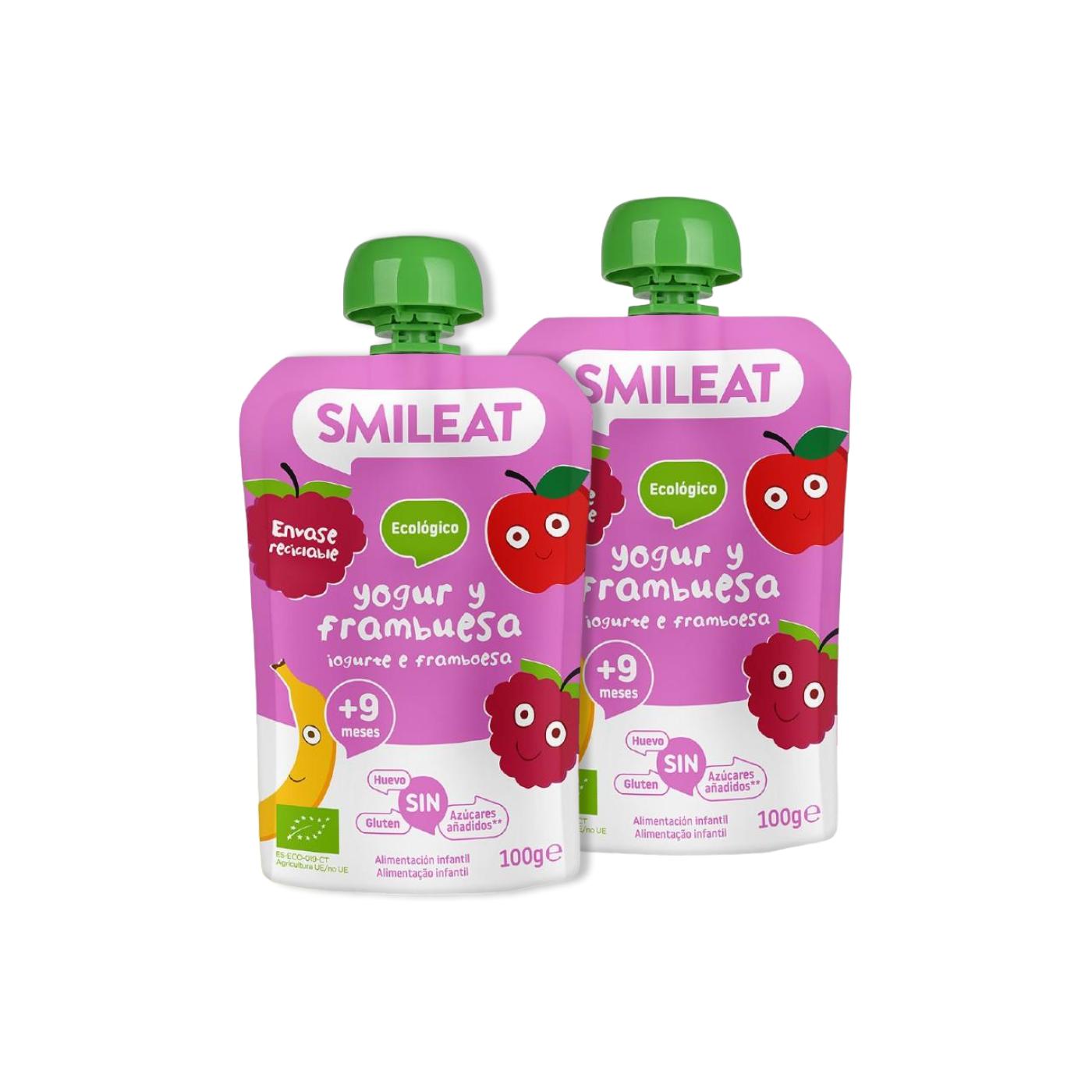 Embalagem de 2 saquetas de iogurte e framboesa ECO Smileat 100 g